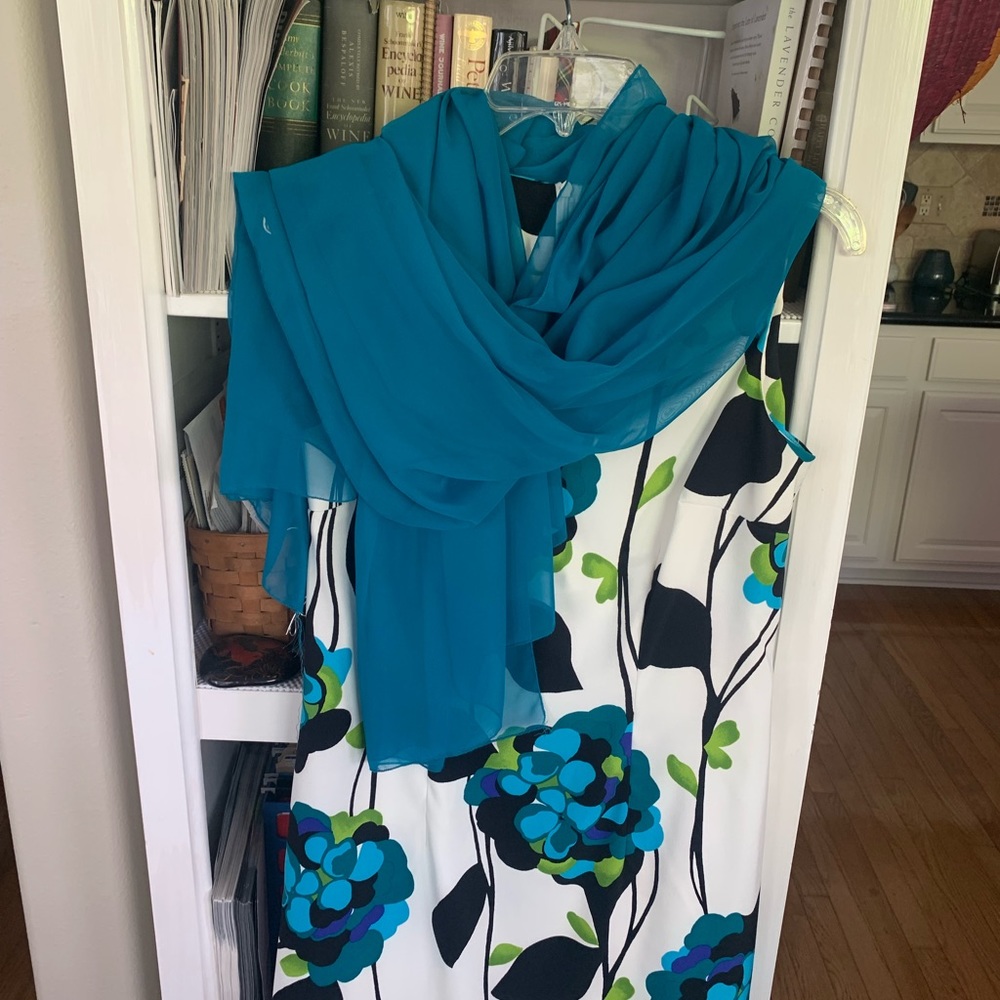 Sheer turquoise scarf is 60” x 80”. Spotless condition. Beautiful with dress.
